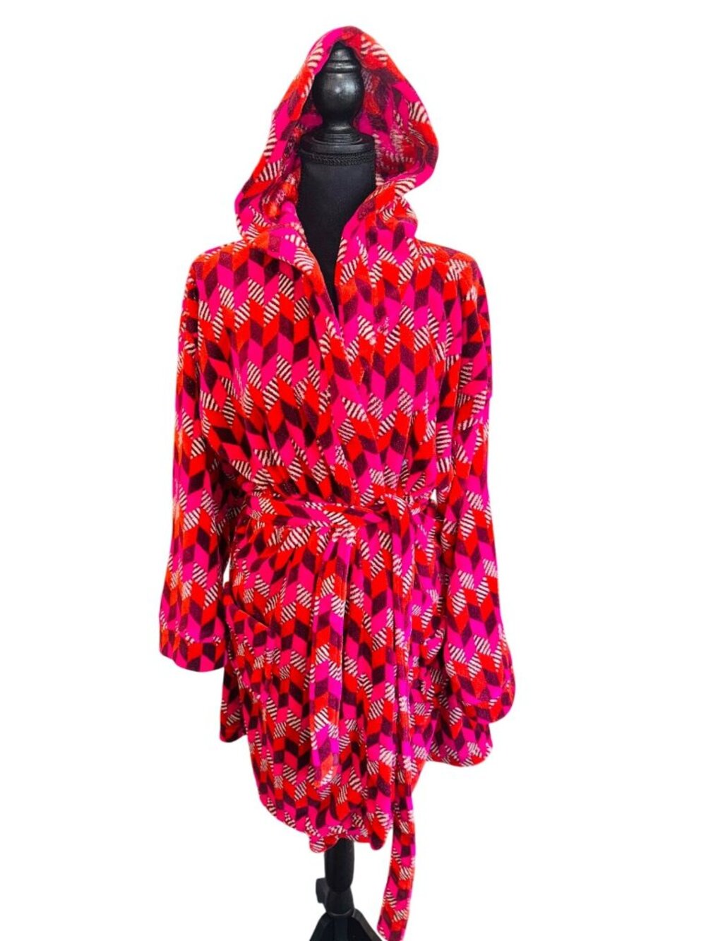 Vera Bradley Designer Boho Cozy Soft Hooded Robe L/XL Red & Pink Geo Chevron